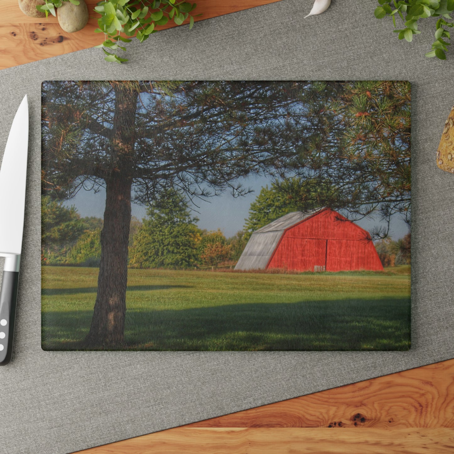 U R There Photography Peppermill Road Hidden Red Rustic Farmhouse Tempered-Glass Cutting Board
