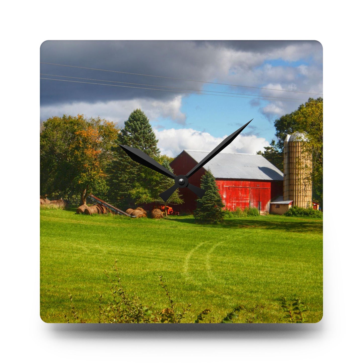 U R There Photography Columbiaville Road Red II Rustic Farmhouse Acrylic Analog Wall Clock