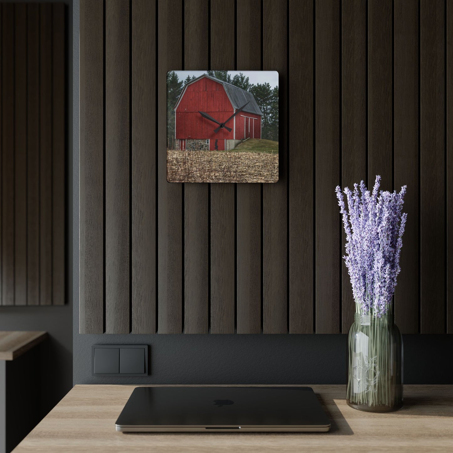 U R There Photography Fostoria Road Standing Man Red Rustic Farmhouse Acrylic Analog Wall Clock