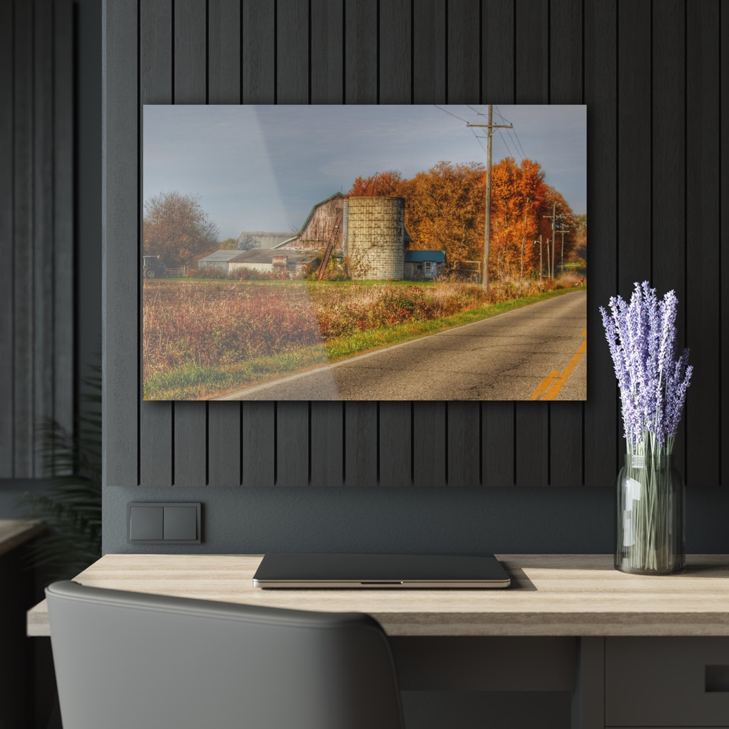 U R There Photography Plumb Creek Road Red in Fall II Rustic Farmhouse Acrylic Wall Print