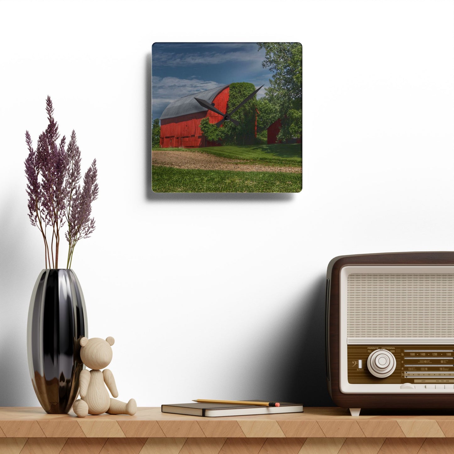 U R There Photography Catlin Road Red I Rustic Farmhouse Acrylic Analog Wall Clock