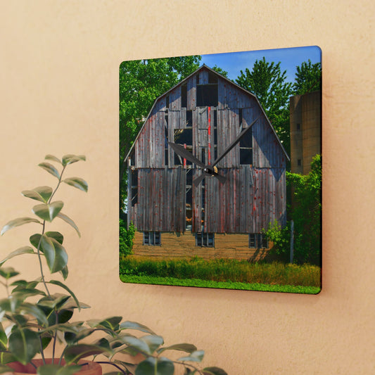 U R There Photography Mushroom Road Red and Silo Rustic Farmhouse Acrylic Analog Wall Clock