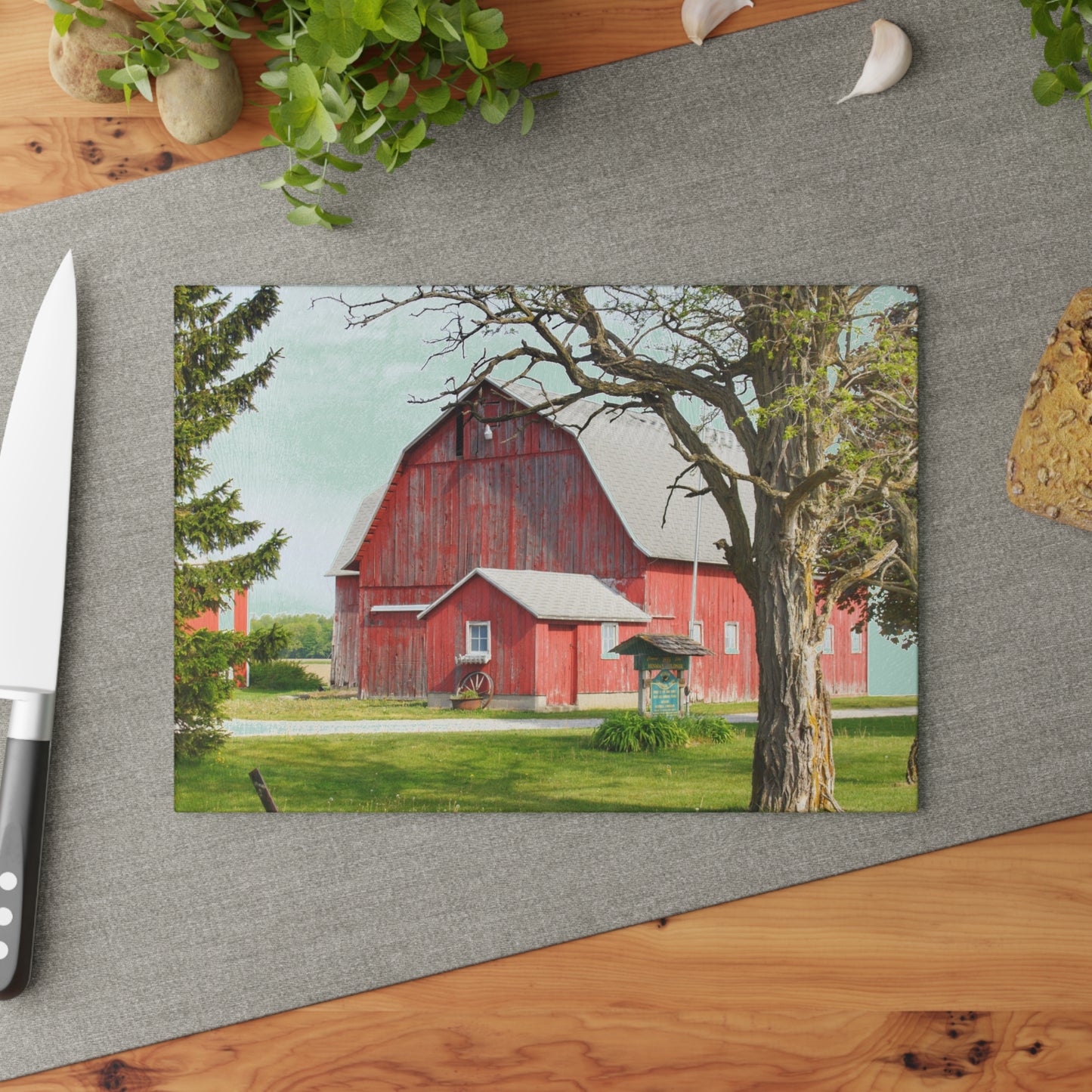 U R There Photography French Road Centennial Reds I Rustic Farmhouse Tempered-Glass Cutting Board