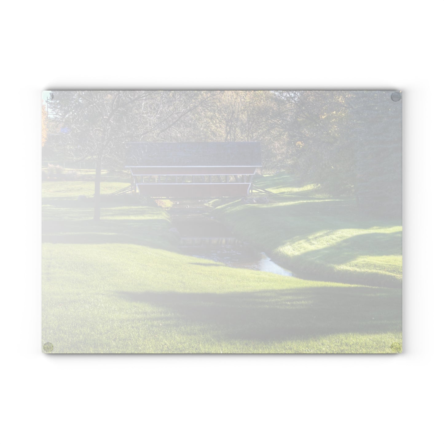 U R There Photography Hadley Covered Bridge I Rustic Farmhouse Tempered-Glass Cutting Board