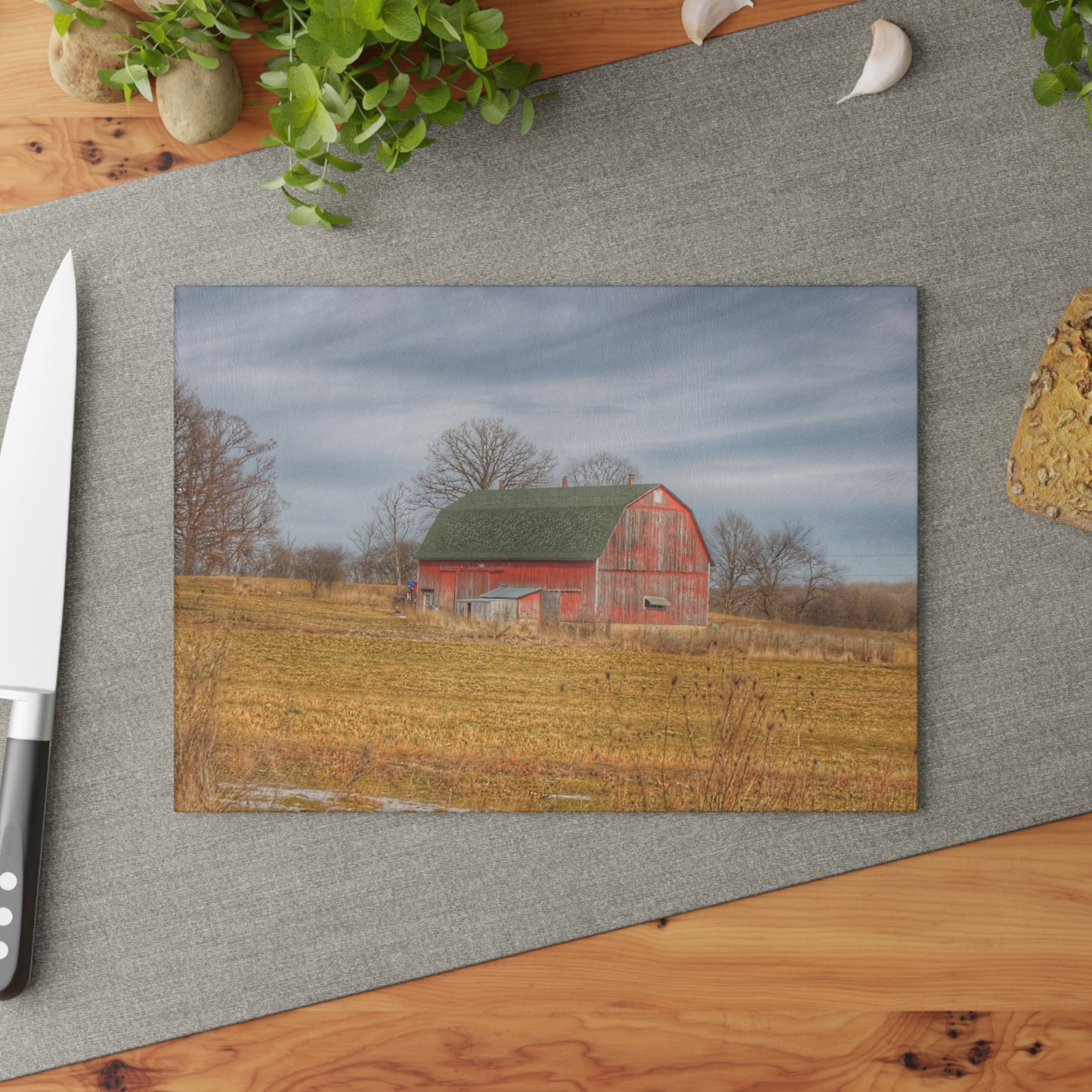 U R There Photography Clark Road Hillside Red I Rustic Farmhouse Tempered-Glass Cutting Board