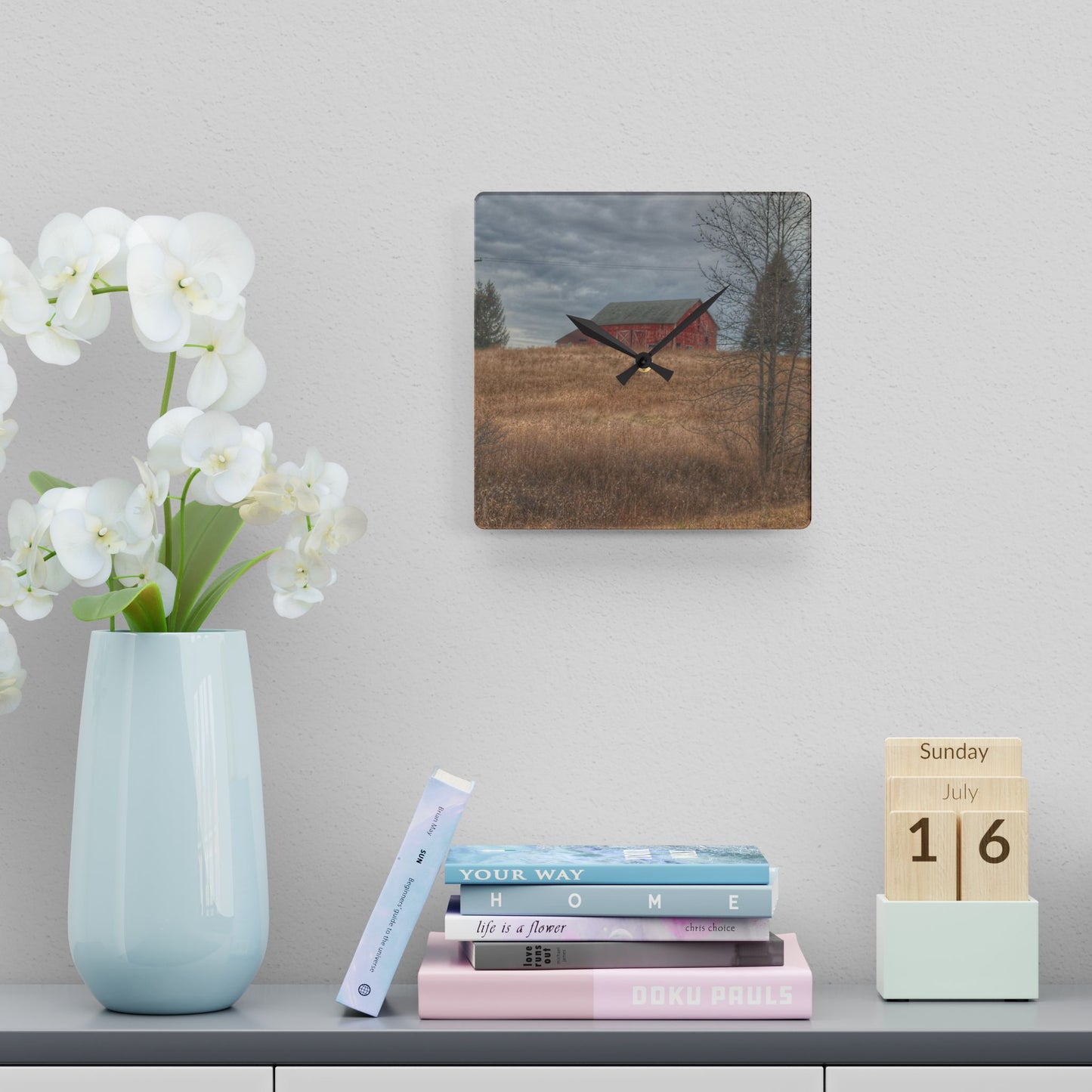 U R There Photography Grey Road Hillside Red I Rustic Farmhouse Acrylic Analog Wall Clock