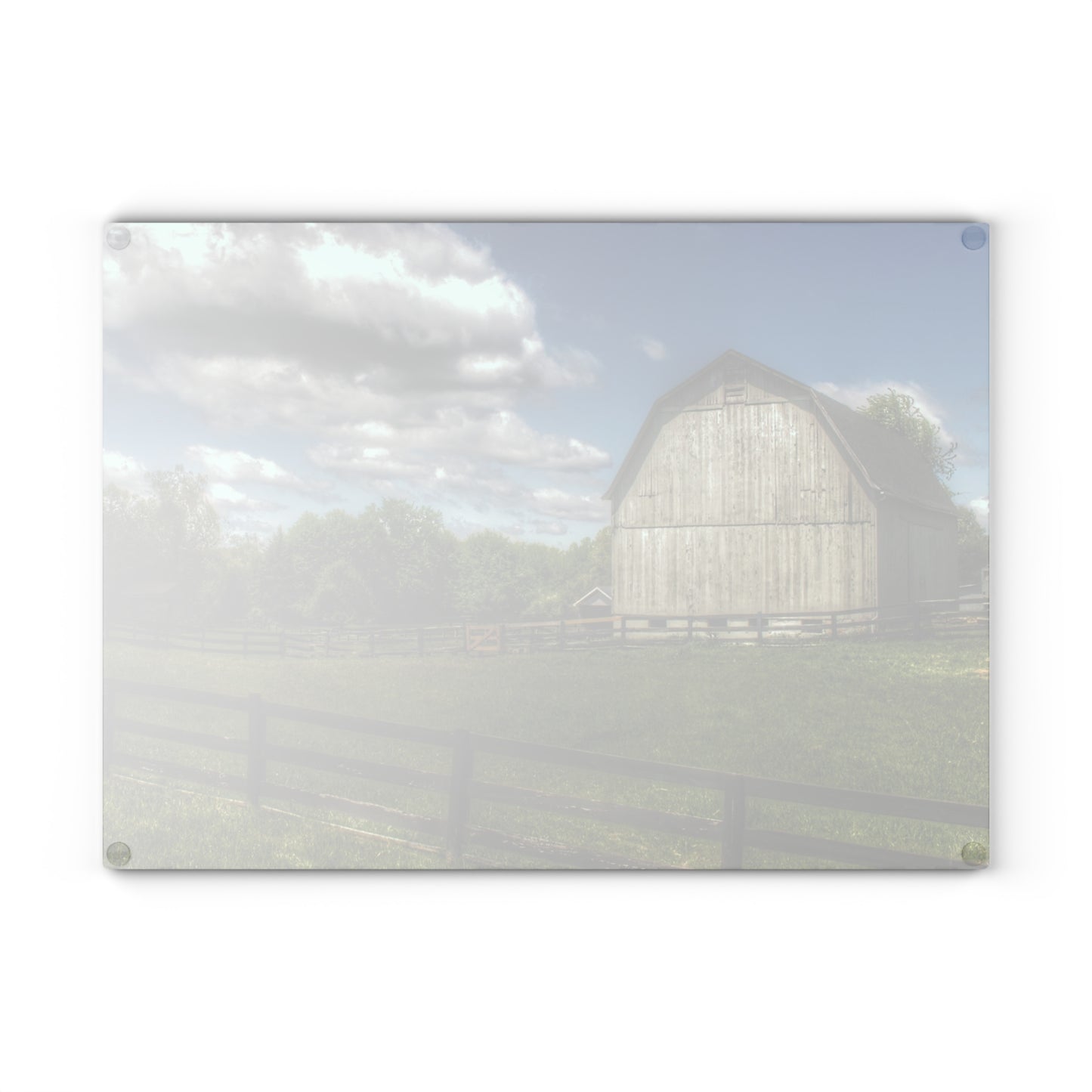 Barn Boutique Rustic Tempered-Glass Cutting Board| White Barn on a Sunny Day