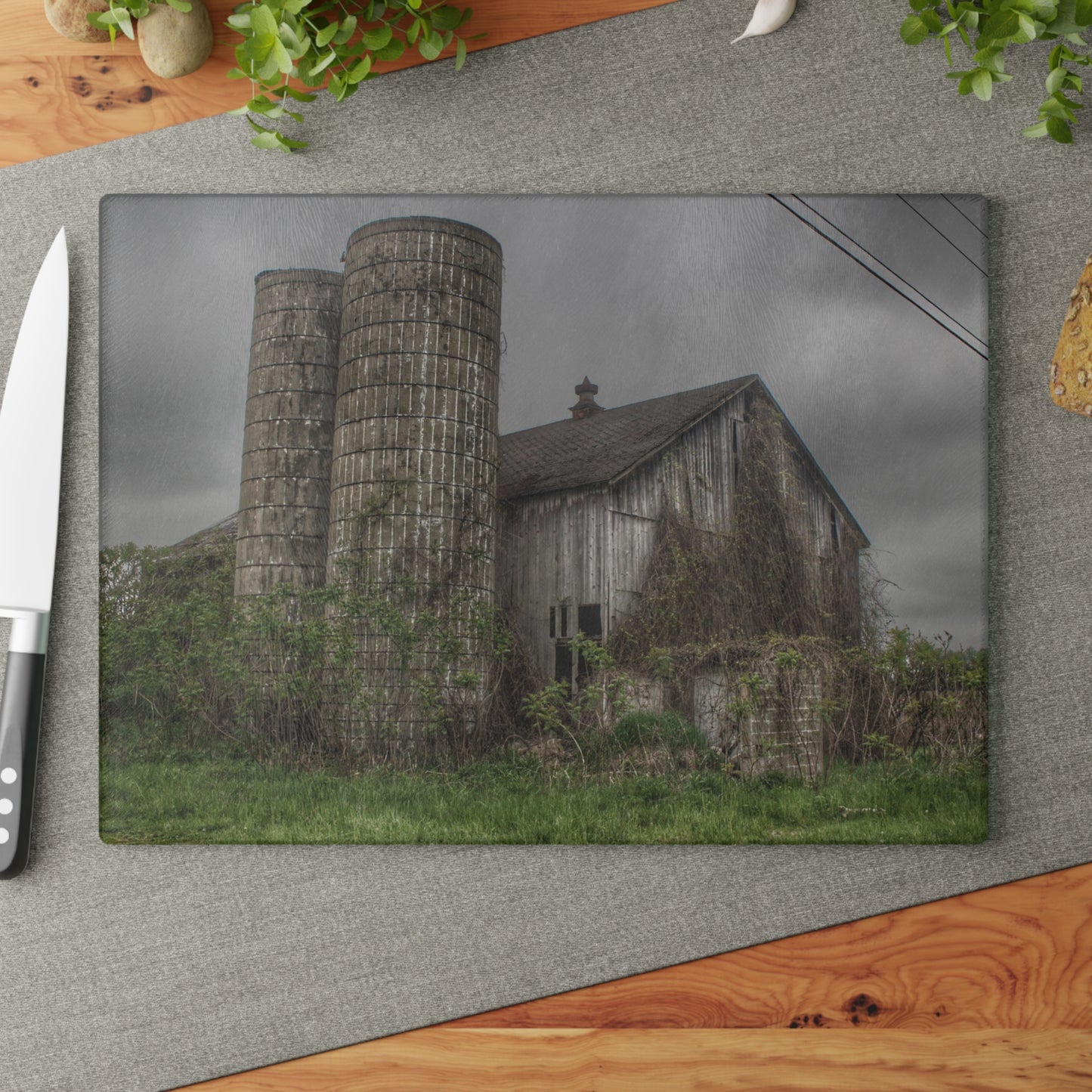 U R There Photography Metamora M-24 Grey I Rustic Farmhouse Tempered-Glass Cutting Board