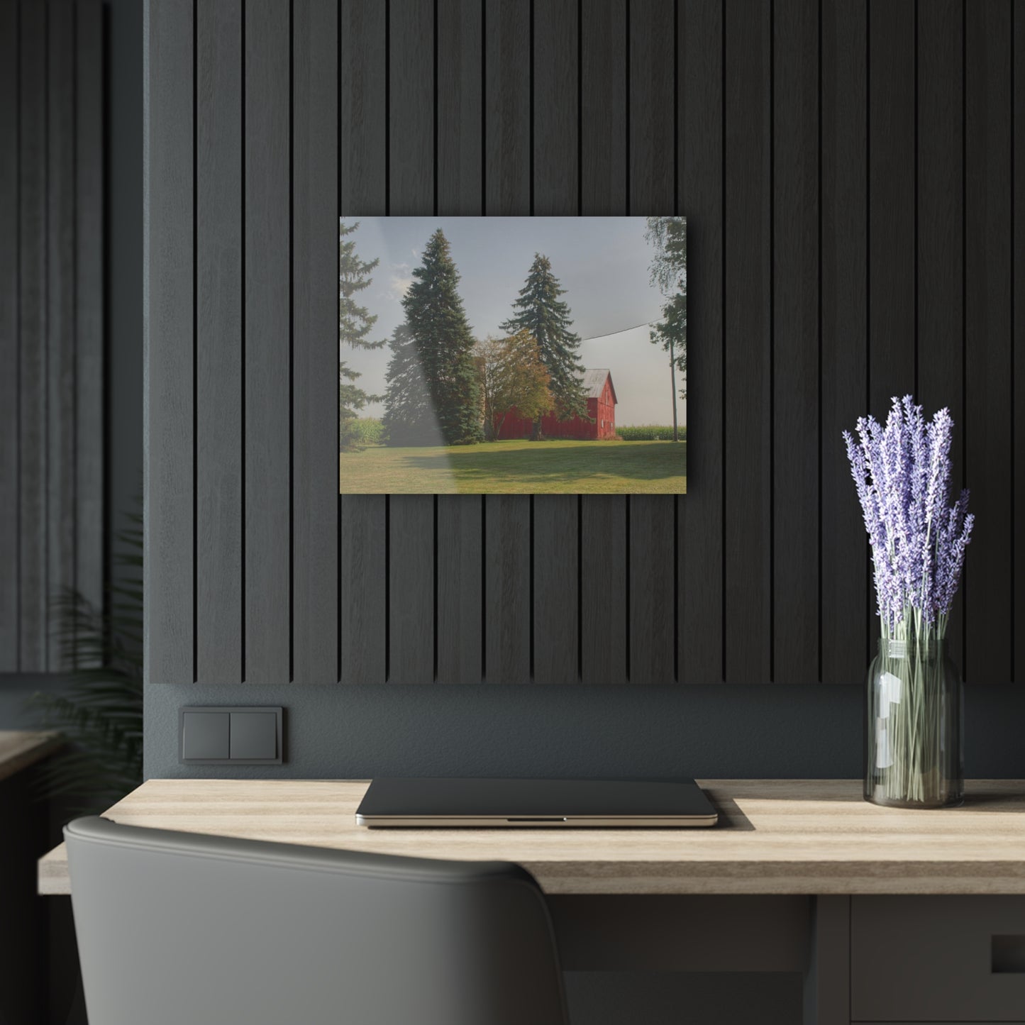 U R There Photography Small Red Barn Beneath the Pines Rustic Farmhouse Acrylic Wall Print
