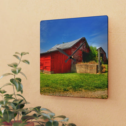 U R There Photography Marlette Road Saltbox Red Rustic Farmhouse Acrylic Analog Wall Clock