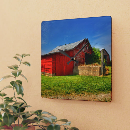 U R There Photography Marlette Road Saltbox Red Rustic Farmhouse Acrylic Analog Wall Clock