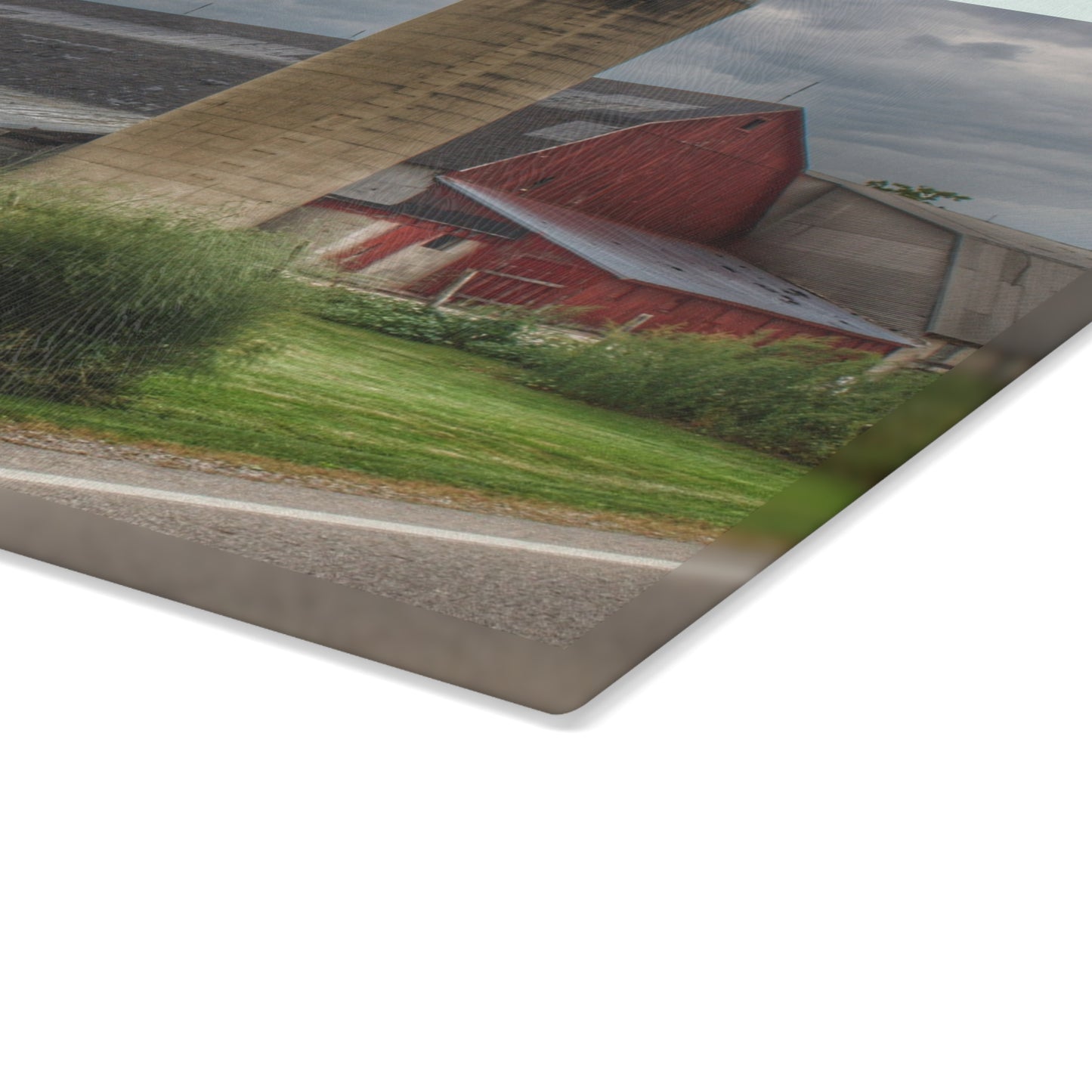 U R There Photography Lake Pleasant Road Red and Silo II Rustic Farmhouse Tempered-Glass Cutting Board