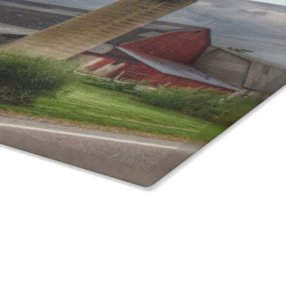 U R There Photography Lake Pleasant Road Red and Silo II Rustic Farmhouse Tempered-Glass Cutting Board
