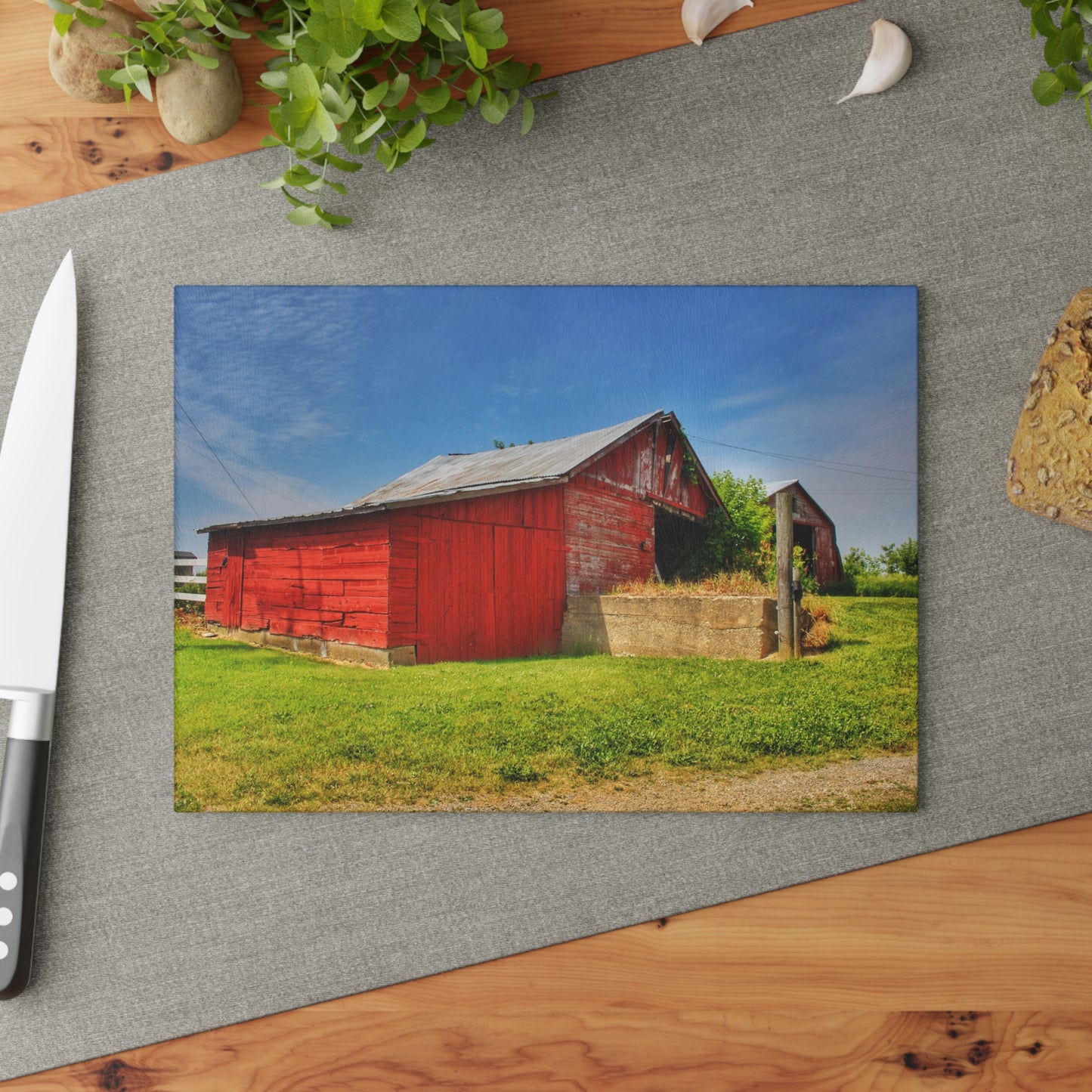 U R There Photography Marlette Road Saltbox Red Rustic Farmhouse Tempered-Glass Cutting Board