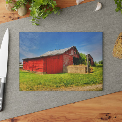 U R There Photography Marlette Road Saltbox Red Rustic Farmhouse Tempered-Glass Cutting Board