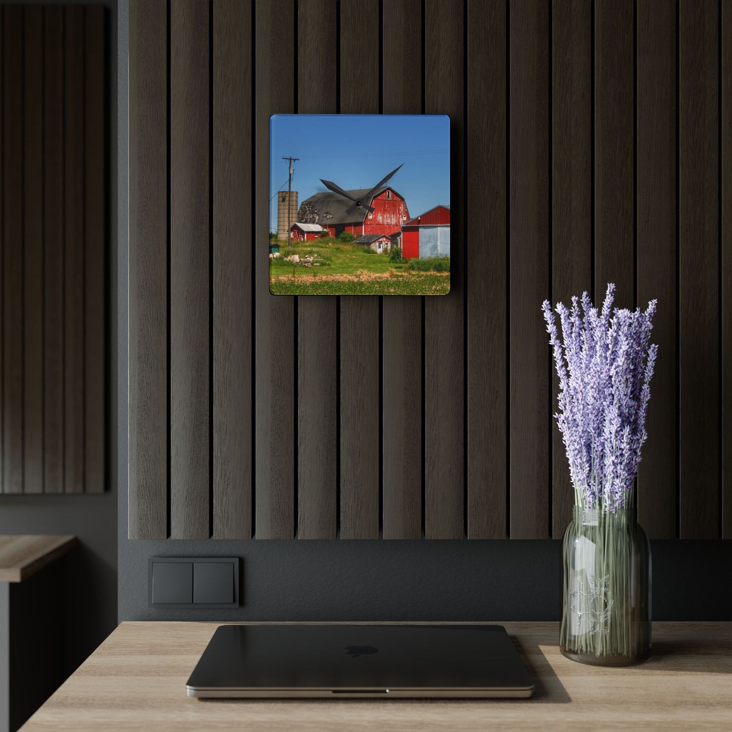 U R There Photography Greenwood Road Red I Rustic Farmhouse Acrylic Analog Wall Clock