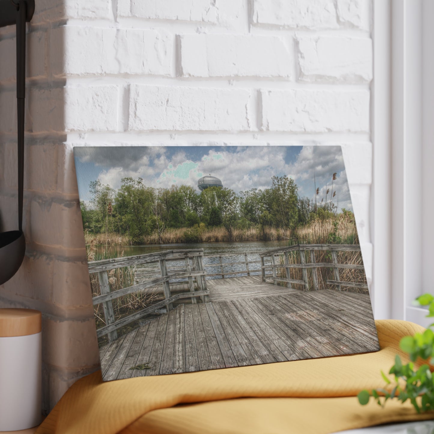 Barn Boutique Rustic Tempered-Glass Cutting Board| Bridge Overlooking Water Tower Park in Lapeer