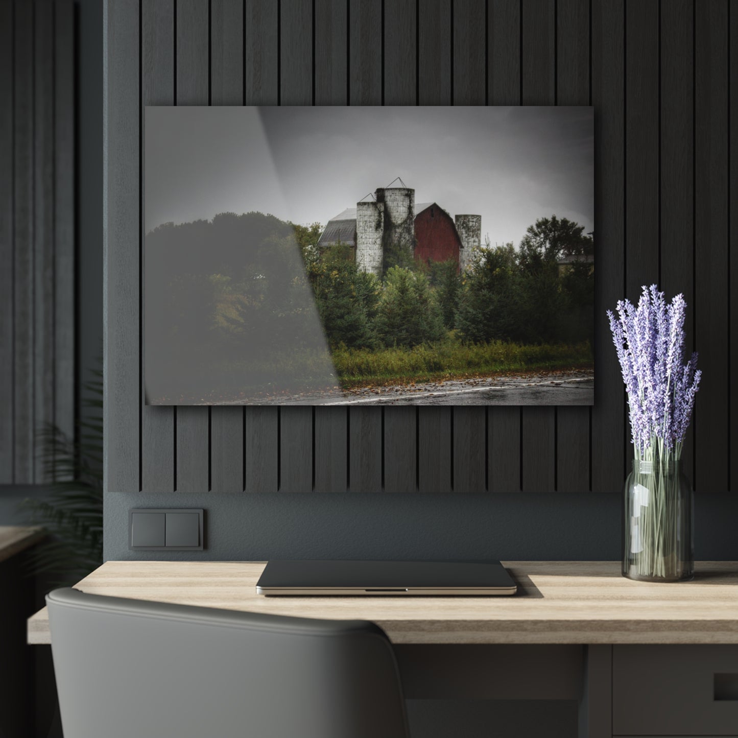 U R There Photography Castle Road Red and Silos in the Rain Rustic Farmhouse Acrylic Wall Print