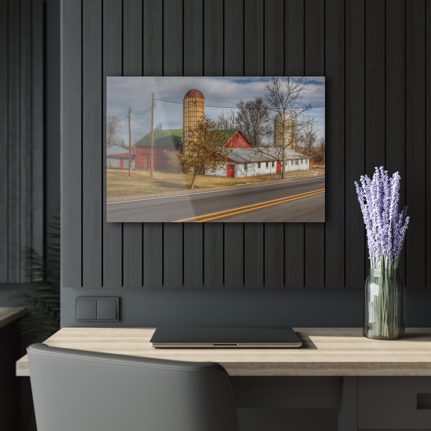 U R There Photography Newark Road Red and Silos III Rustic Farmhouse Acrylic Wall Print