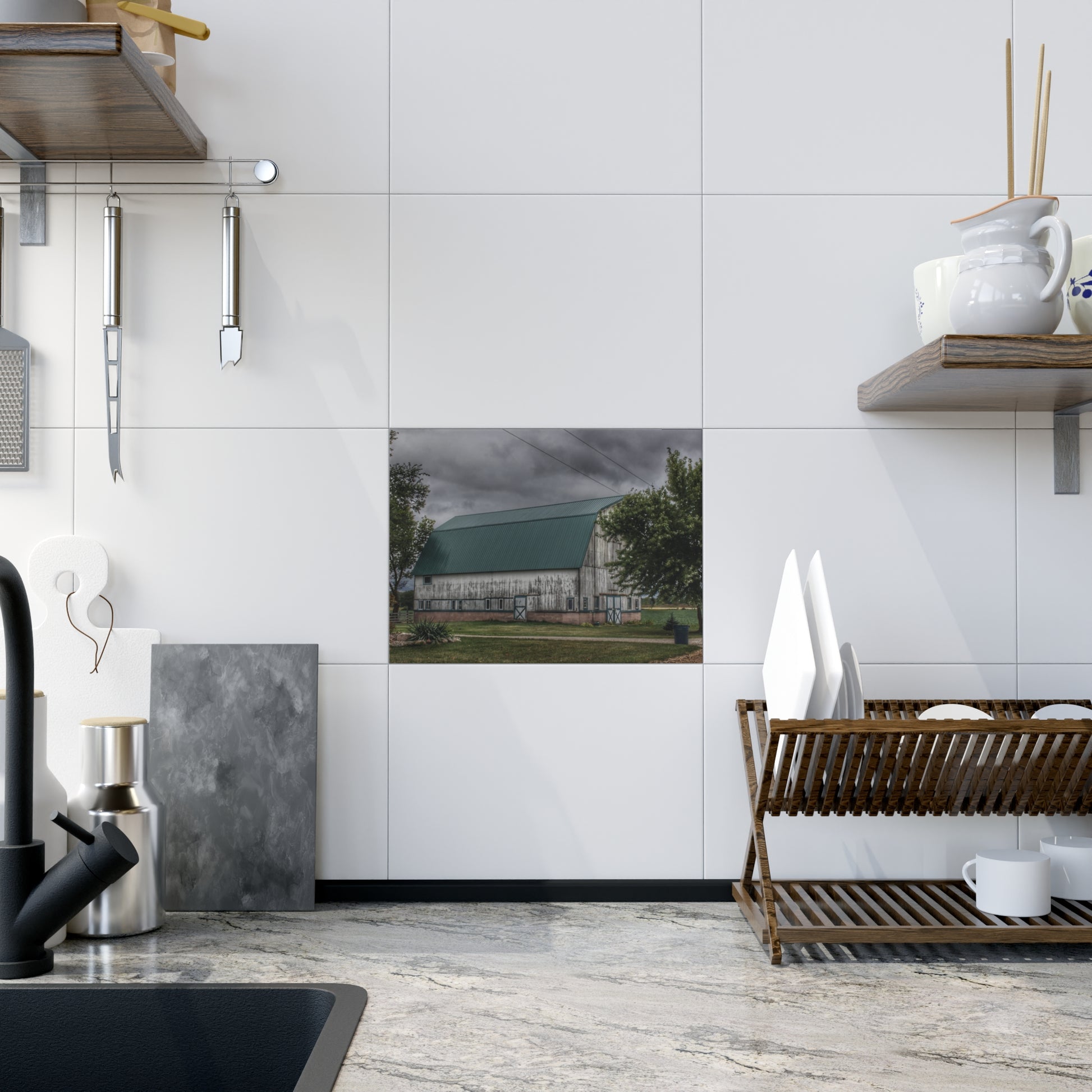 U R There Photography Bristol Road White II Rustic Farmhouse Decorative Ceramic Tile 6" × 8" Glossy