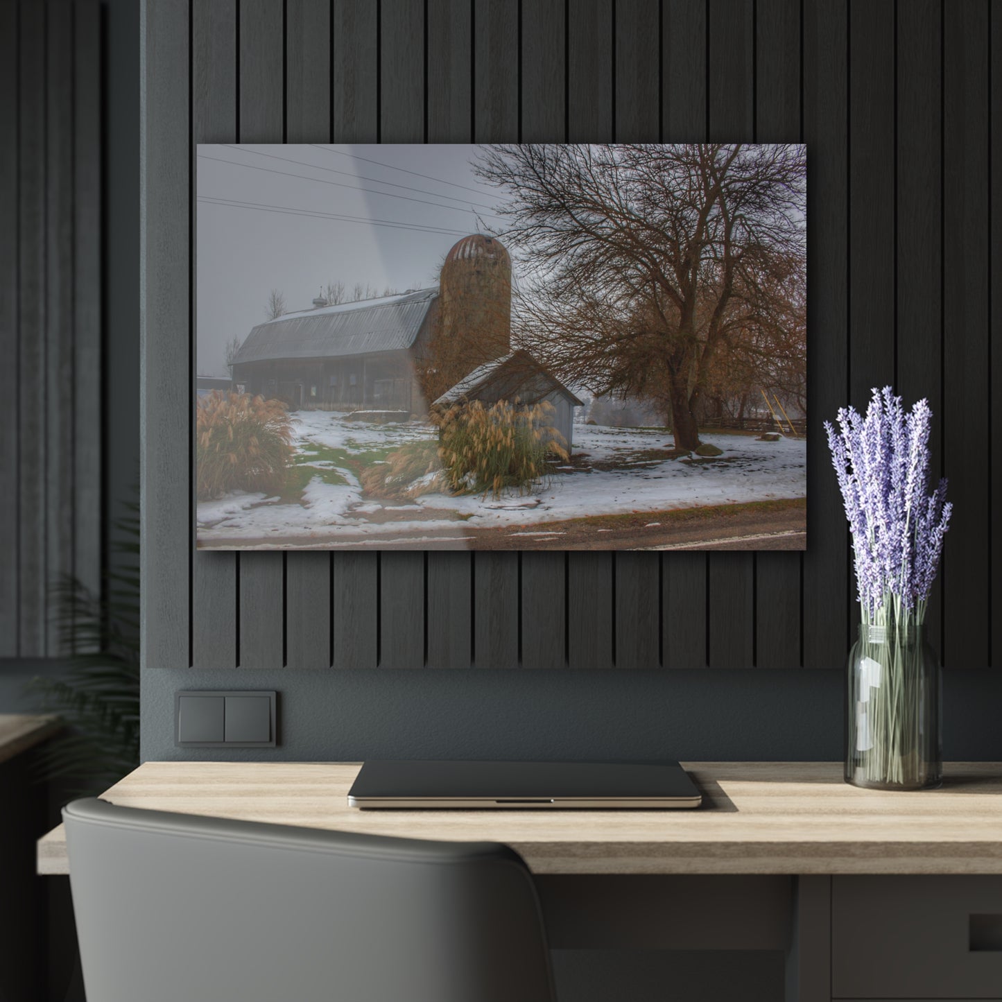 U R There Photography Ludwig Road Greys in the Fog Rustic Farmhouse Acrylic Wall Print