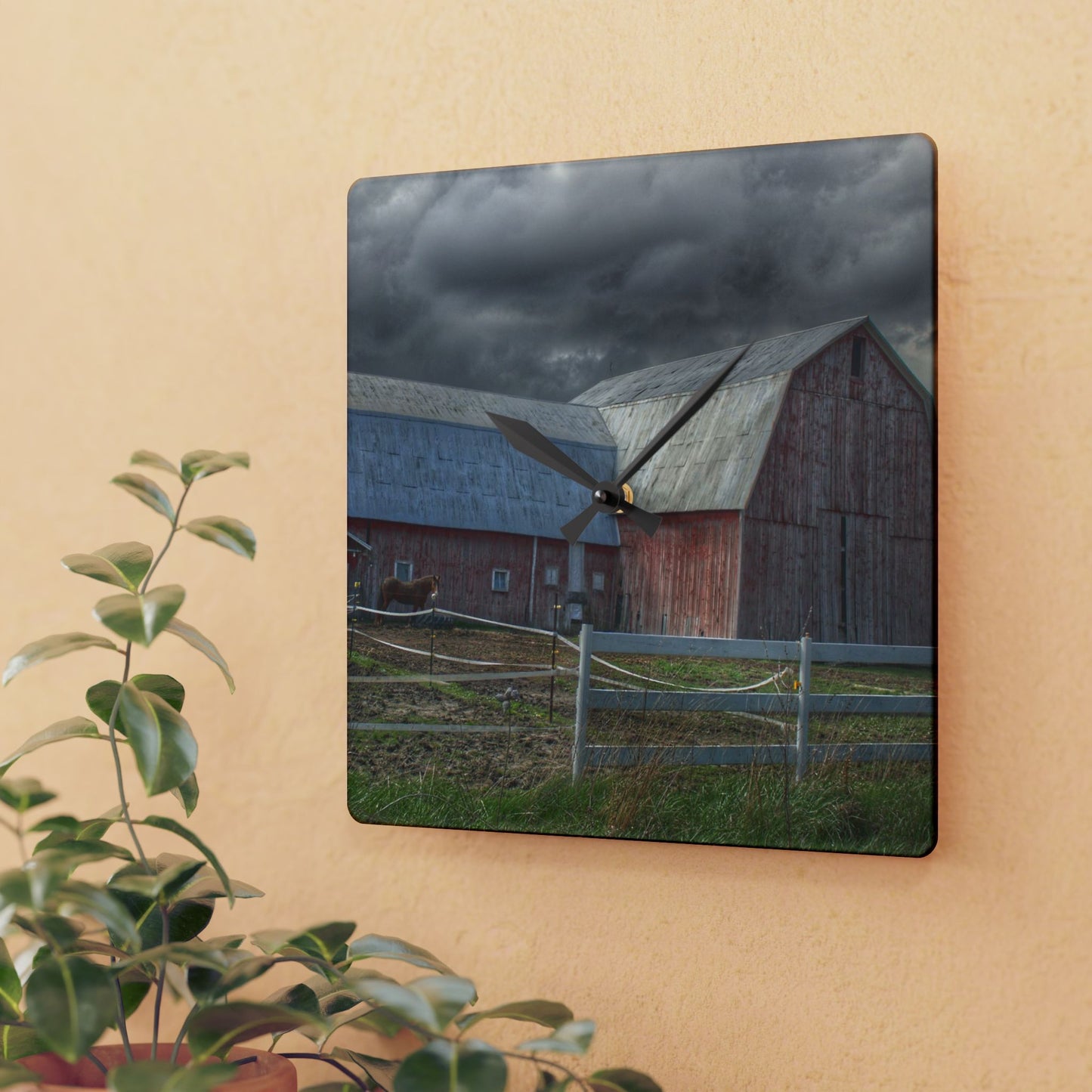 U R There Photography Sandusky Horse Barn Against Fall Skies Rustic Farmhouse Acrylic Analog Wall Clock