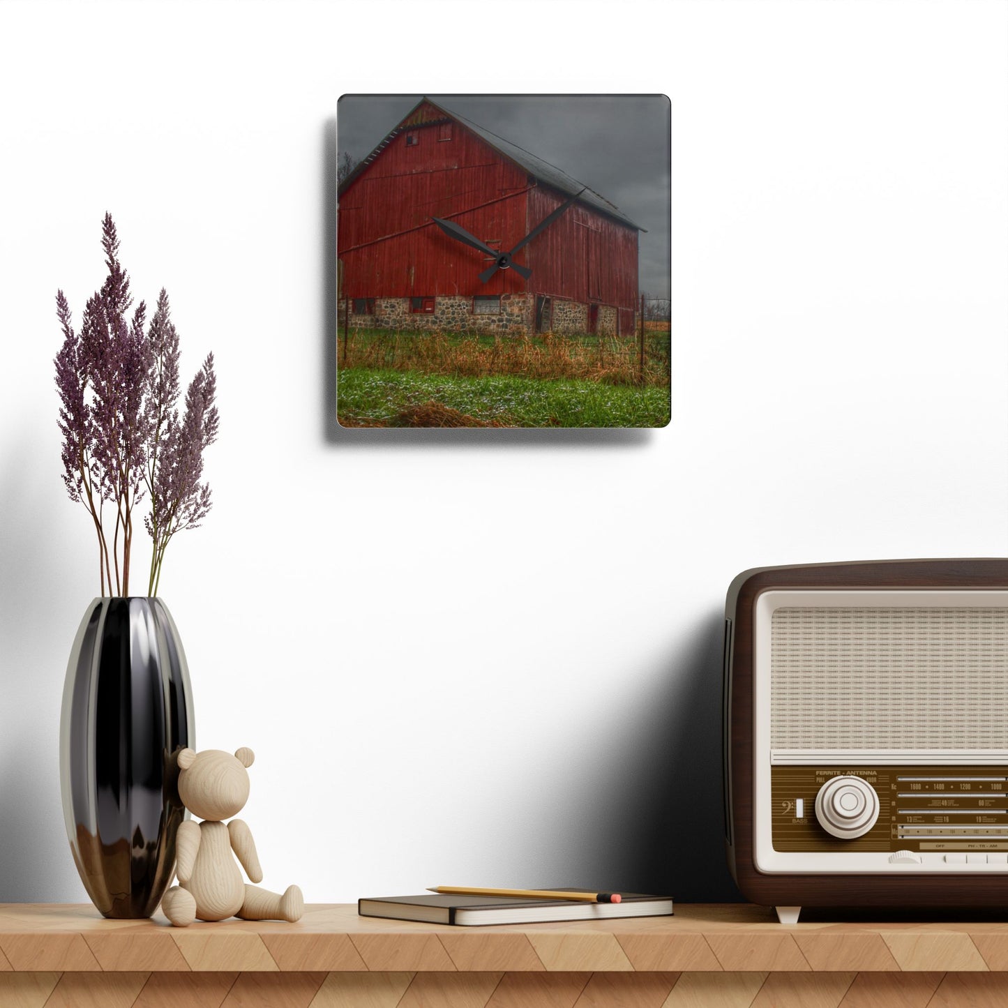 U R There Photography Bowers Road Red III Rustic Farmhouse Acrylic Analog Wall Clock