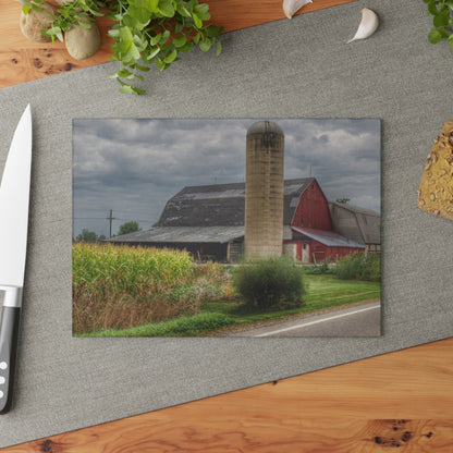U R There Photography Lake Pleasant Road Red and Silo II Rustic Farmhouse Tempered-Glass Cutting Board