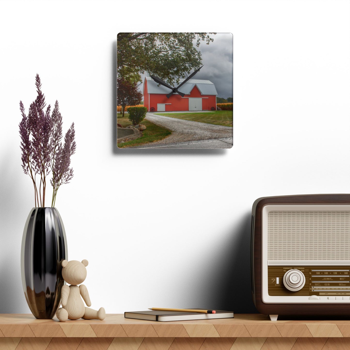 U R There Photography Richville Road Red Rustic Farmhouse Acrylic Analog Wall Clock