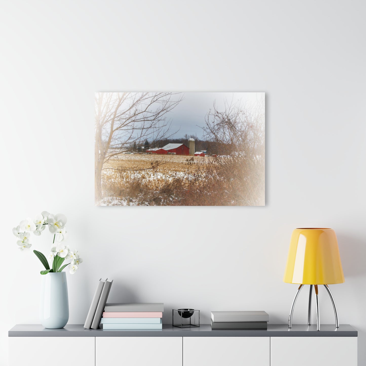 U R There Photography Brook Road Red in Winter Rustic Farmhouse Acrylic Wall Print