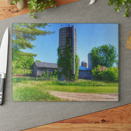 U R There Photography Bordman Road Old Grey and Silo II Rustic Farmhouse Tempered-Glass Cutting Board
