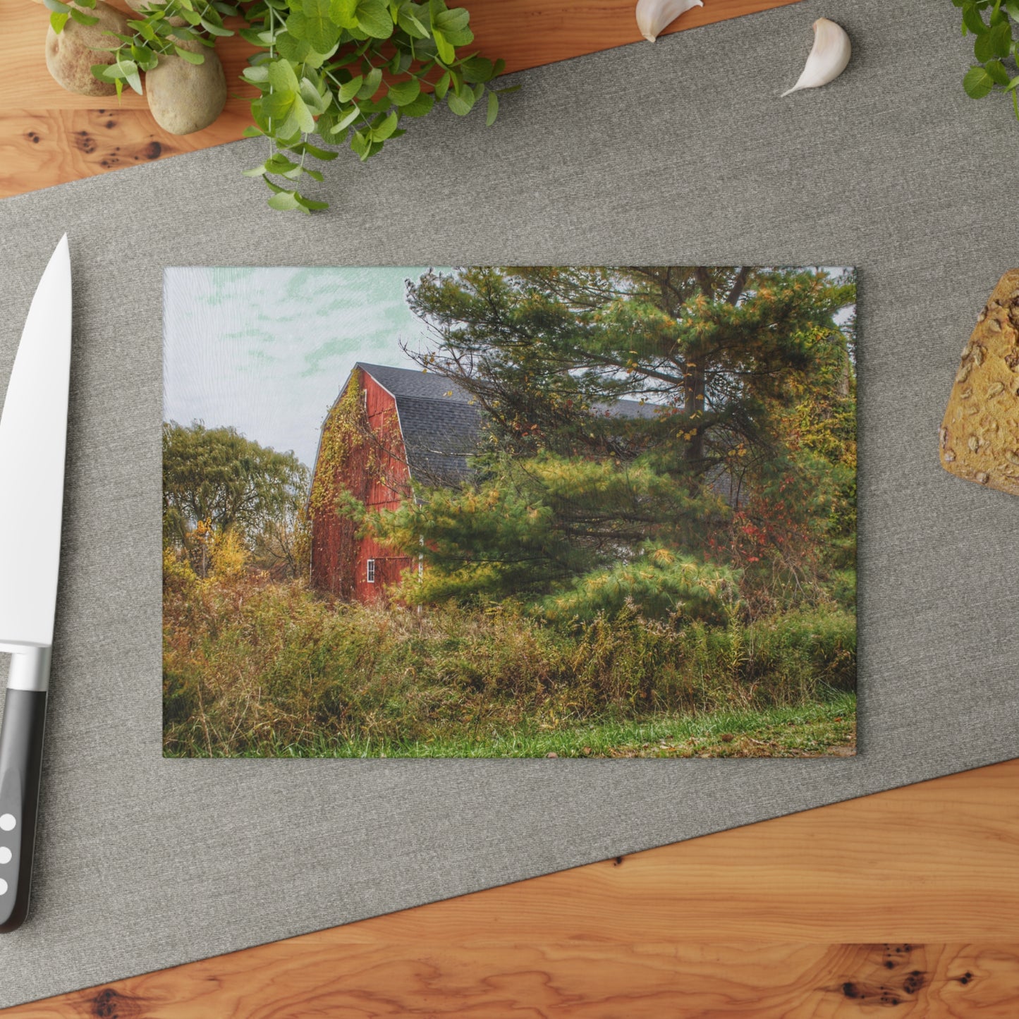 U R There Photography Green Corners Road Hidden Red Rustic Farmhouse Tempered-Glass Cutting Board