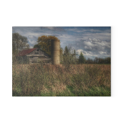 U R There Photography Old Wooden Barn and Silo I Rustic Farmhouse Tempered-Glass Cutting Board