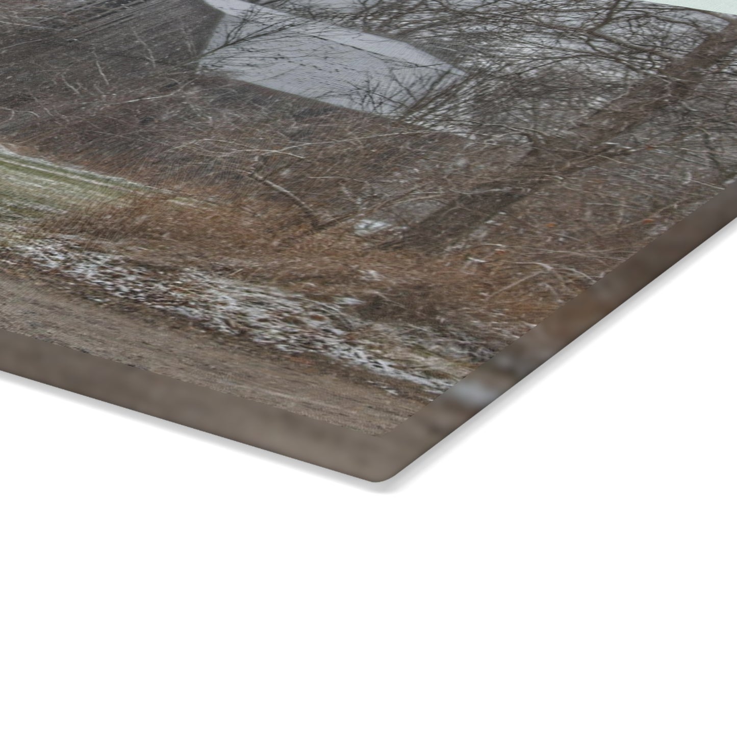 U R There Photography Bishop Road Winter Grey Rustic Farmhouse Tempered-Glass Cutting Board