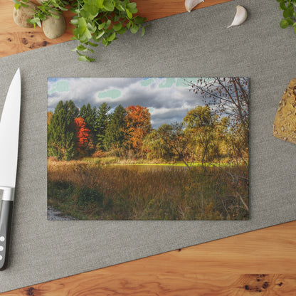 U R There Photography Fall Pond on Sutton Road Rustic Farmhouse Tempered-Glass Cutting Board