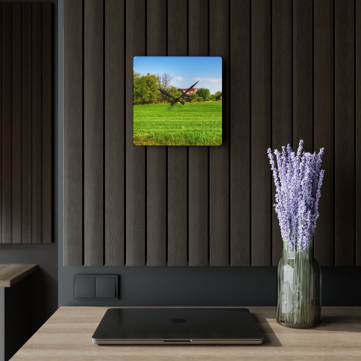 U R There Photography Deckerville Road Hidden Red Rustic Farmhouse Acrylic Analog Wall Clock