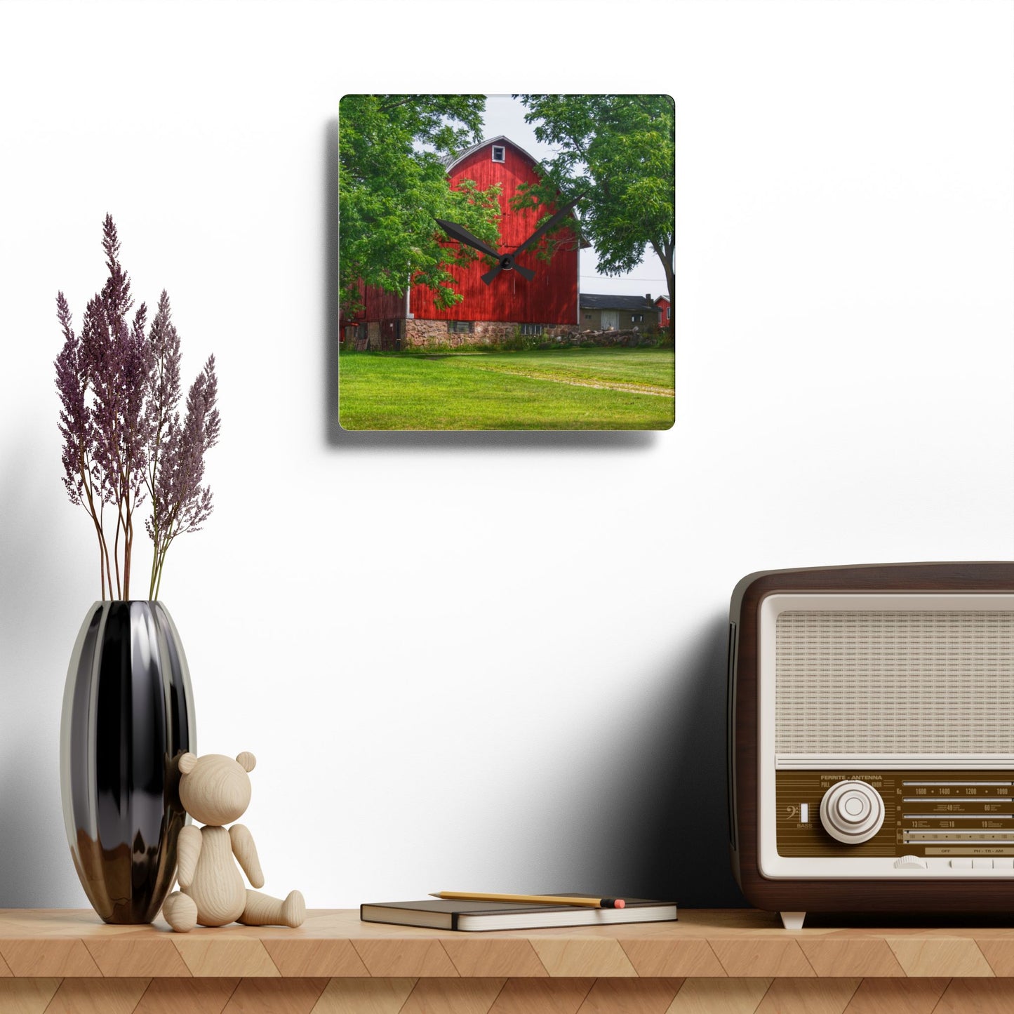U R There Photography Summer Fieldstone Red Rustic Farmhouse Acrylic Analog Wall Clock