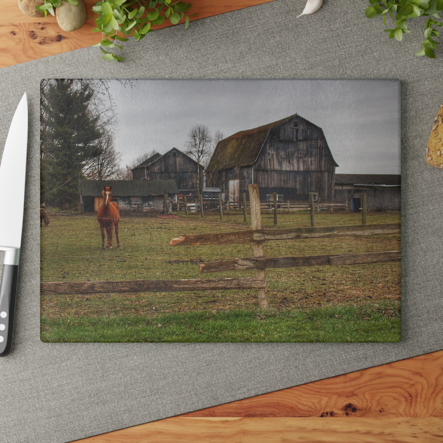 U R There Photography South Summers Road Old Grey and Caramel II Rustic Farmhouse Tempered-Glass Cutting Board