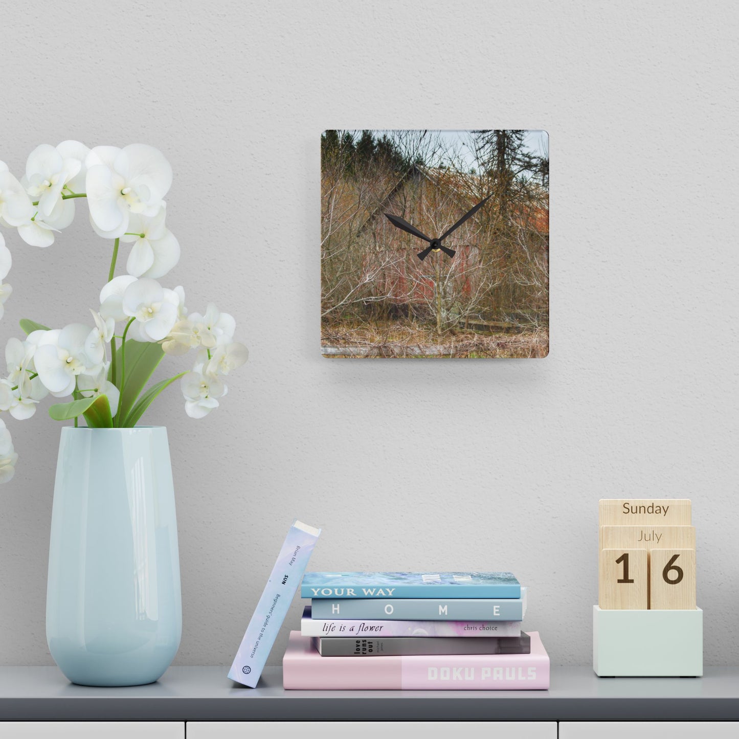 U R There Photography Klam Road Hidden Gable Red Rustic Farmhouse Acrylic Analog Wall Clock
