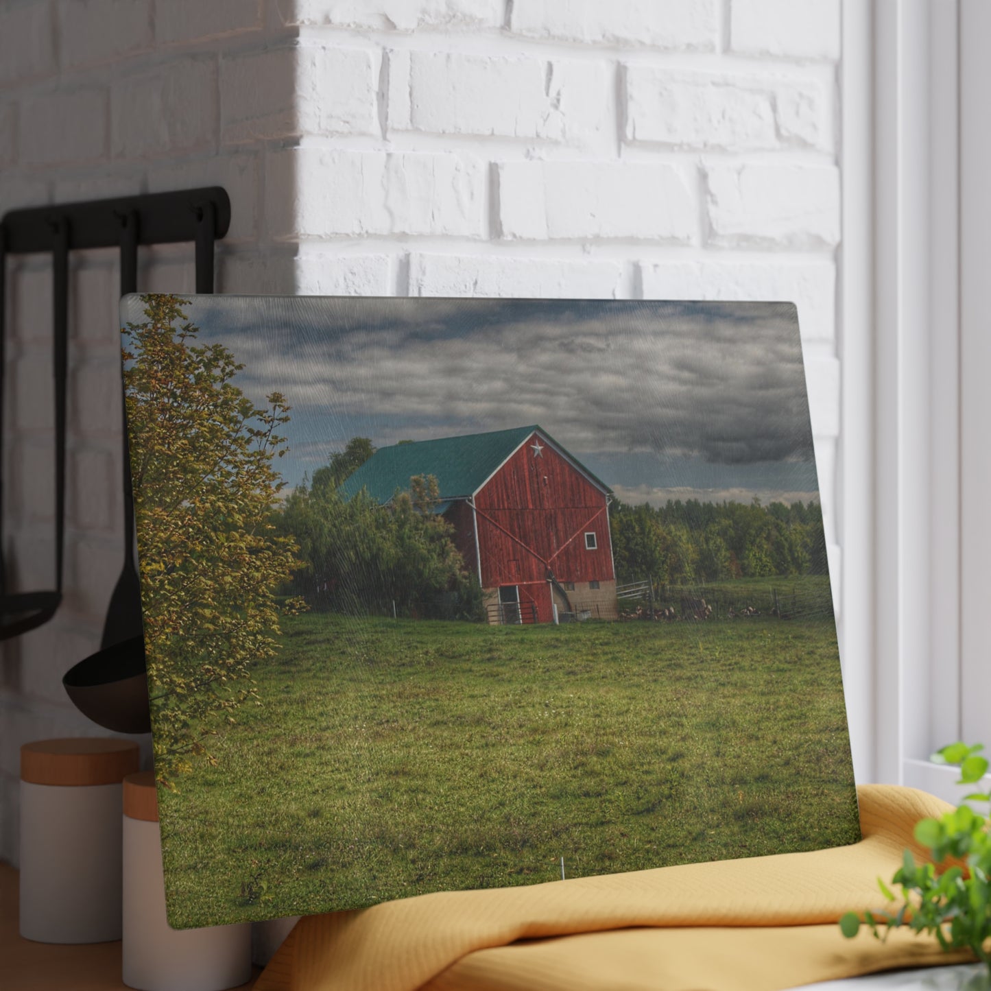 U R There Photography Kingston Plain Road Cow Barn Rustic Farmhouse Tempered-Glass Cutting Board