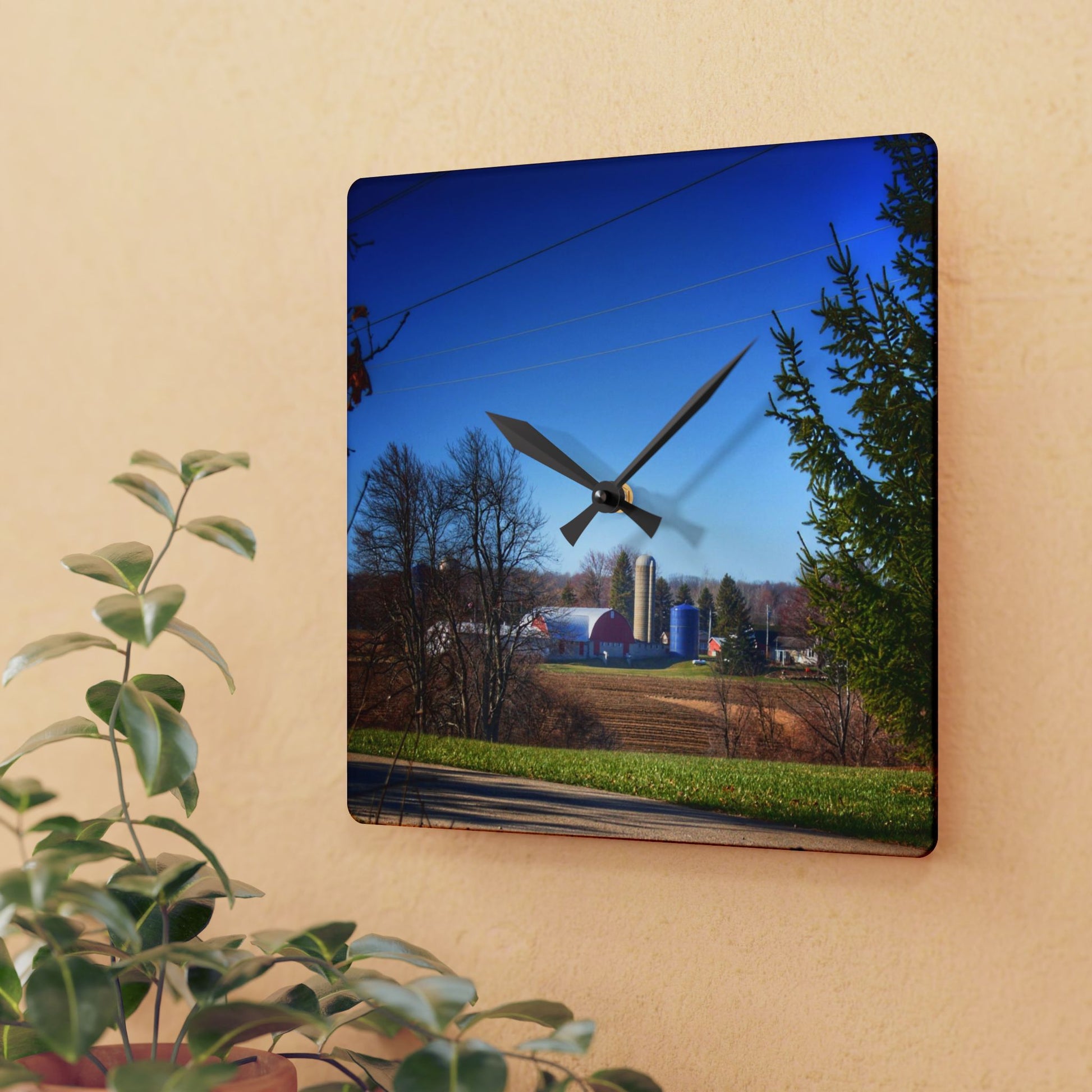 Rustic Farmhouse Wall Clock featuring Across the Field on Brocker Road
