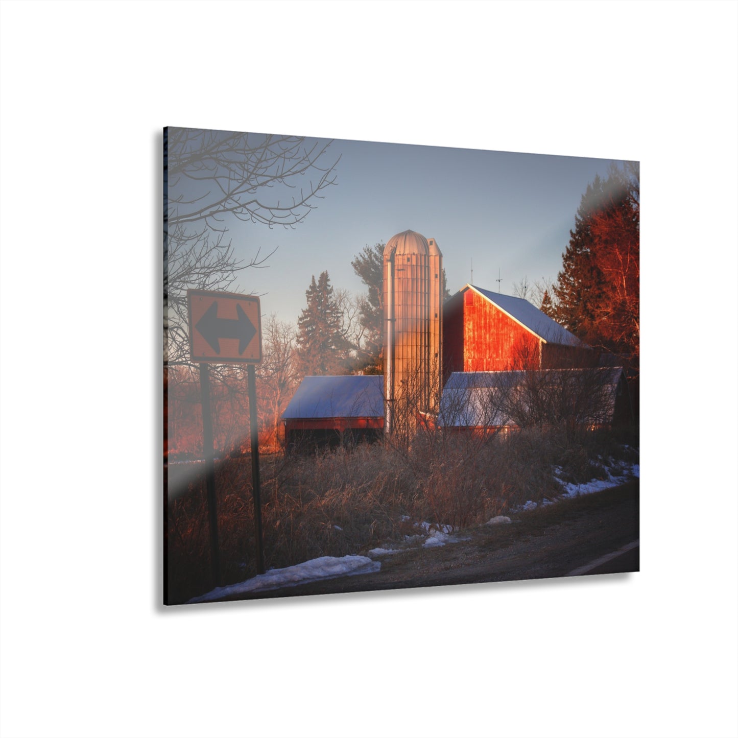 U R There Photography Mount Morris Road Reds and Silo in Winter Rustic Farmhouse Acrylic Wall Print
