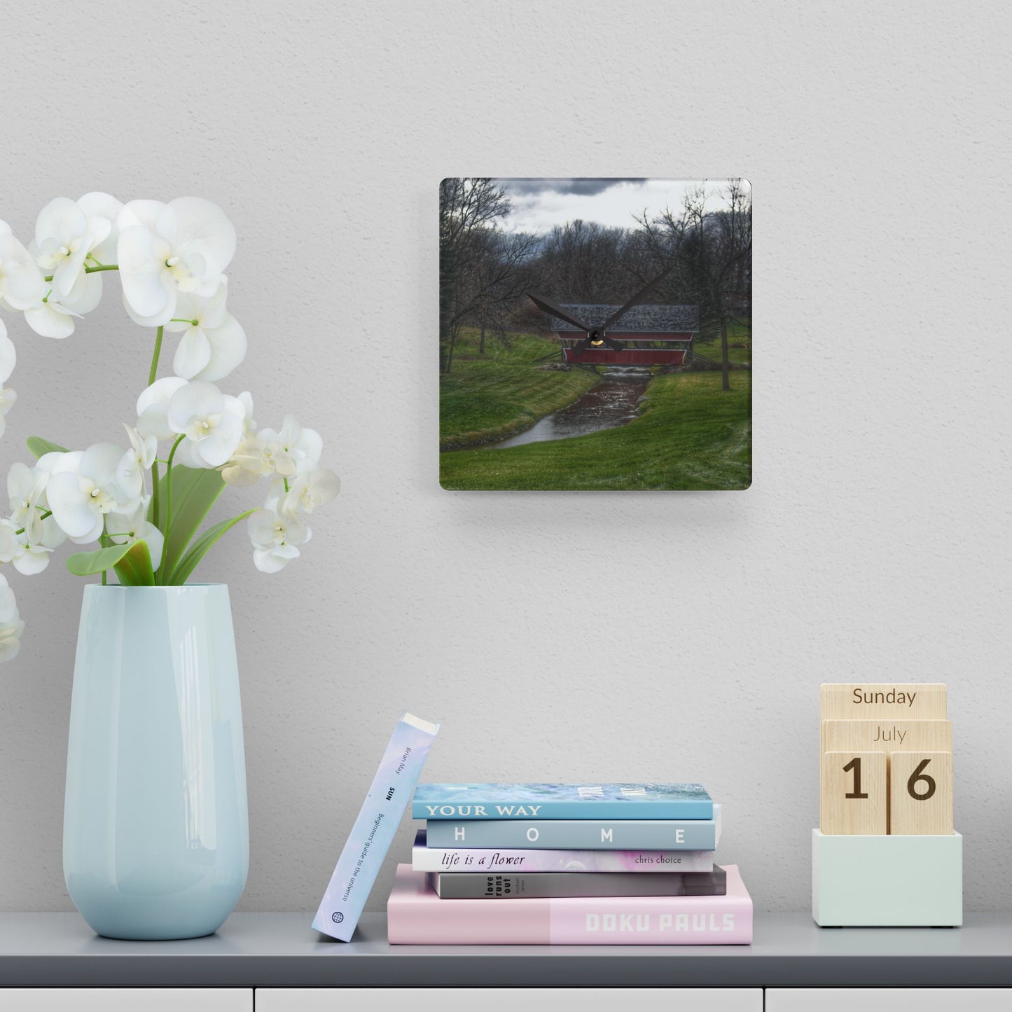 U R There Photography Hadley Covered Bridge III Rustic Farmhouse Acrylic Analog Wall Clock