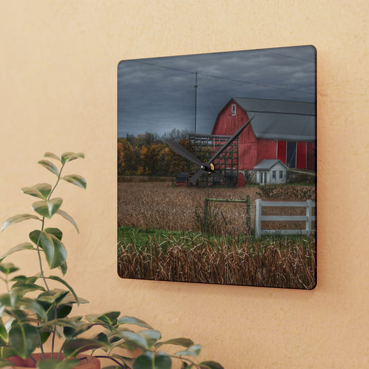 U R There Photography Barnes Road Red in Fall Rustic Farmhouse Acrylic Analog Wall Clock