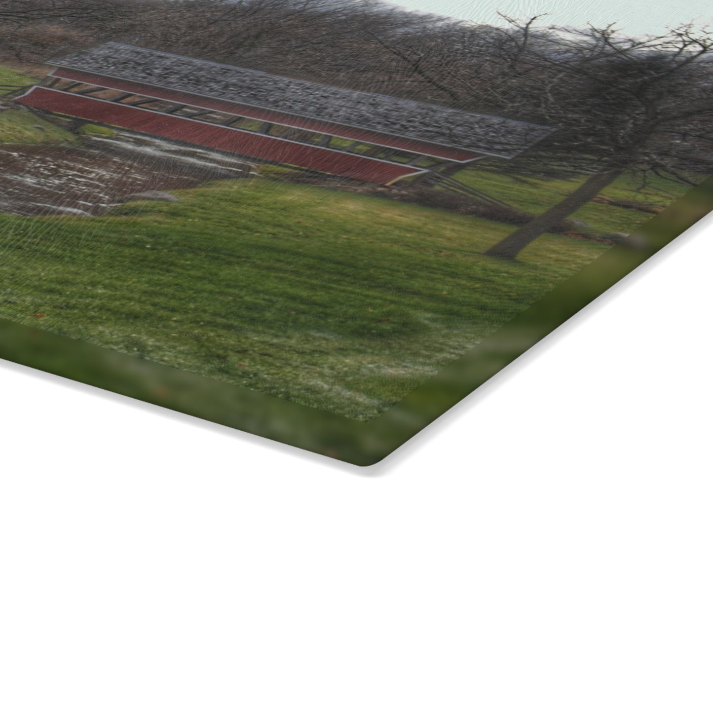 U R There Photography Hadley Covered Bridge III Rustic Farmhouse Tempered-Glass Cutting Board