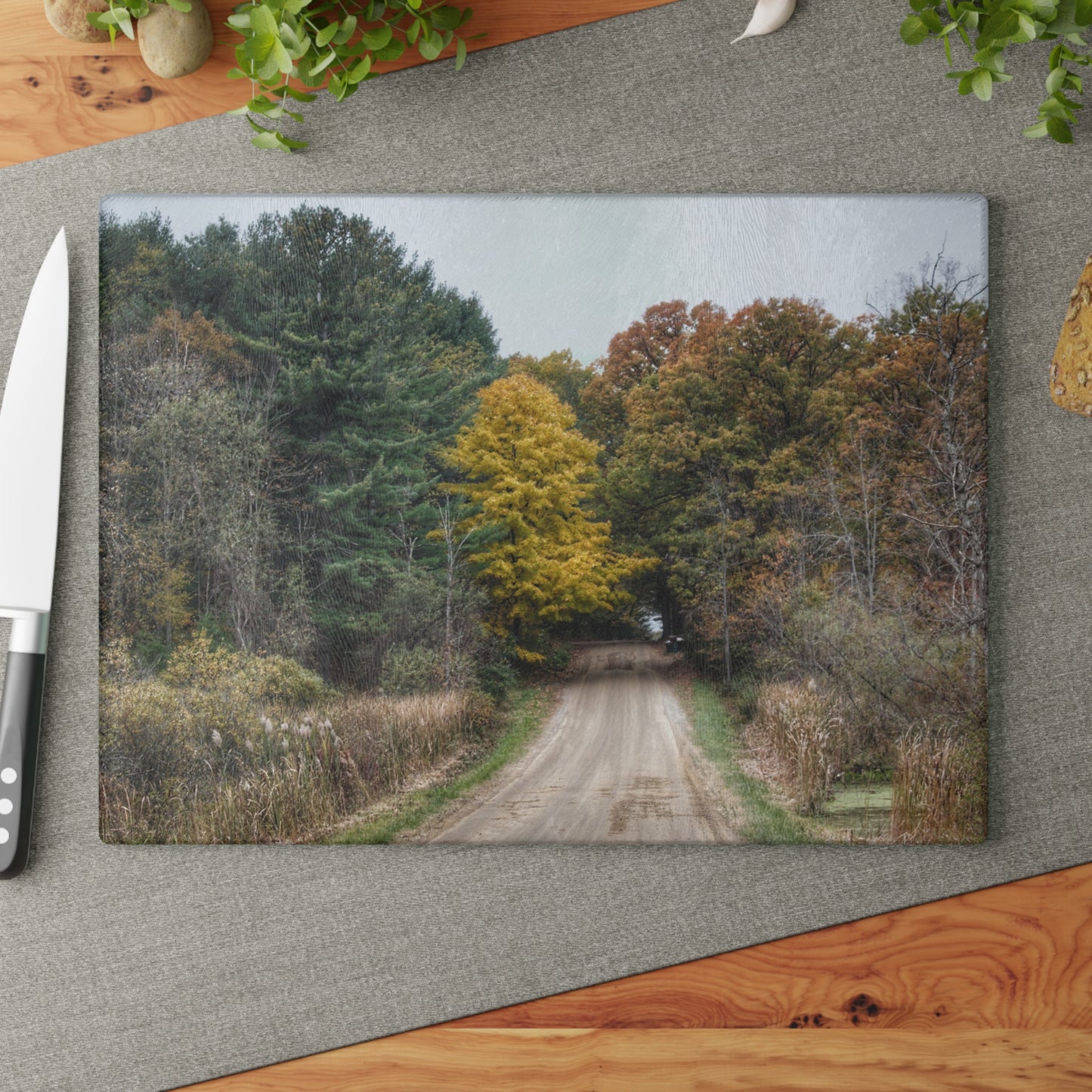 U R There Photography Country Roads in Dryden I Rustic Farmhouse Tempered-Glass Cutting Board