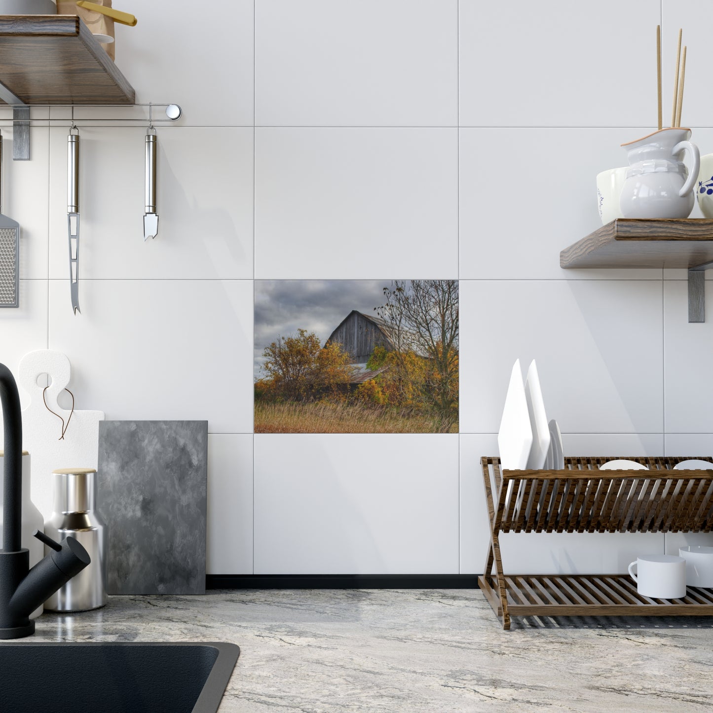 U R There Photography Church Road Grey IV Rustic Farmhouse Decorative Ceramic Tile