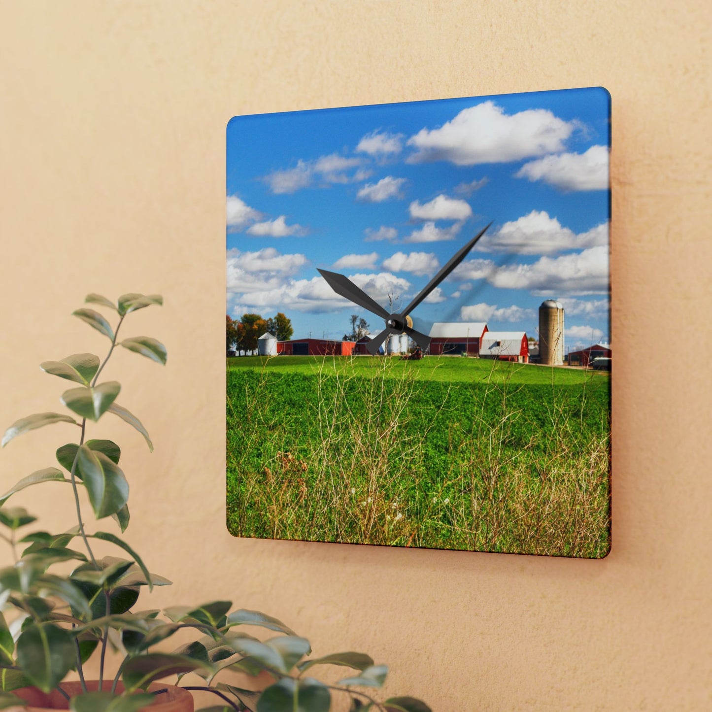 U R There Photography Pattison Road Farm Across the Field II Rustic Farmhouse Acrylic Analog Wall Clock