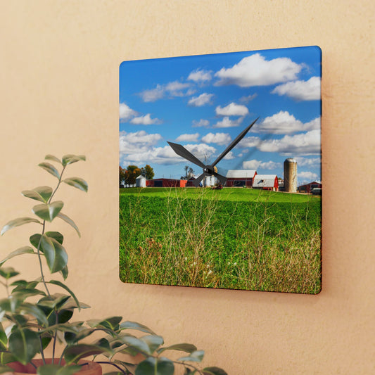 U R There Photography Pattison Road Farm Across the Field II Rustic Farmhouse Acrylic Analog Wall Clock
