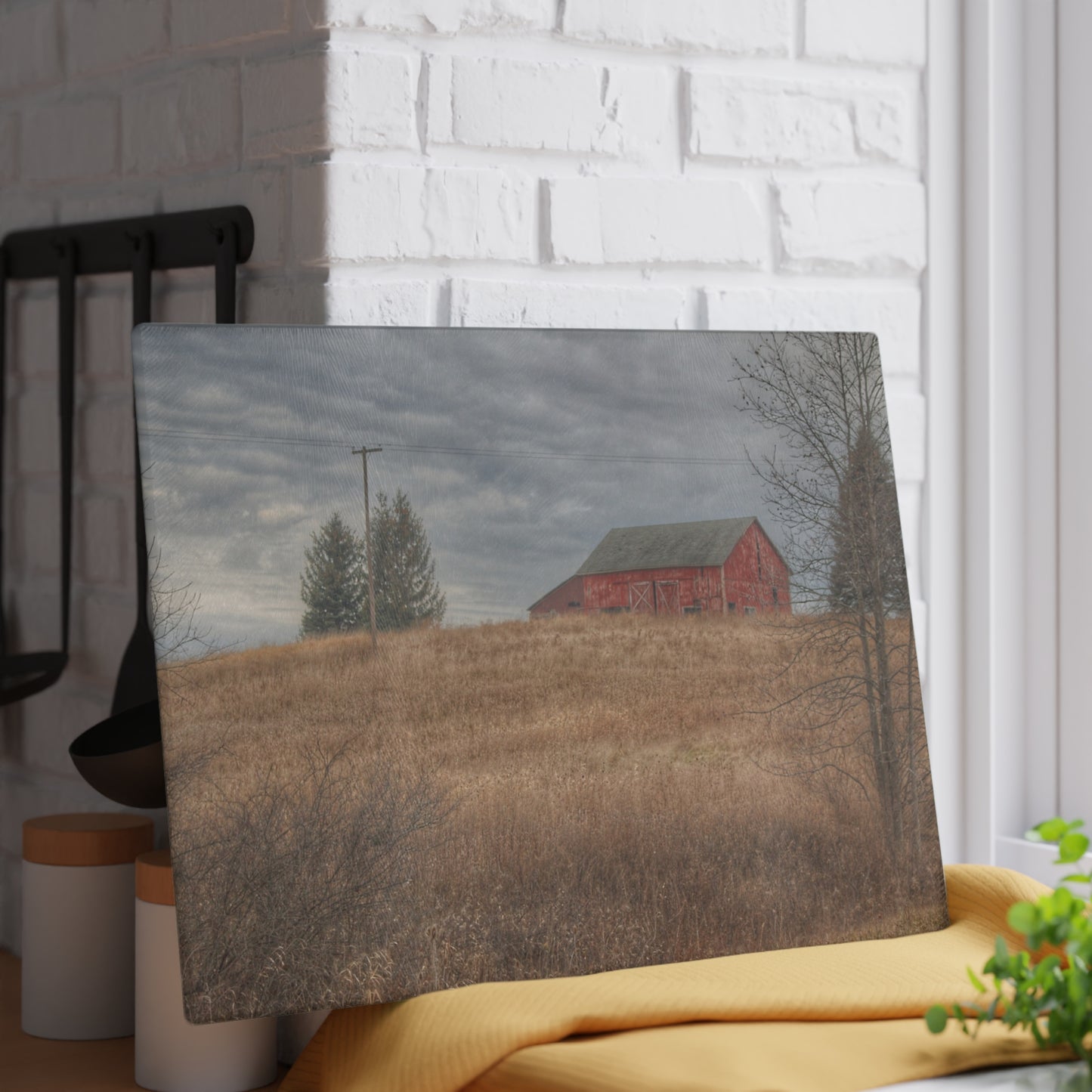 U R There Photography Grey Road Hillside Red I Rustic Farmhouse Tempered-Glass Cutting Board